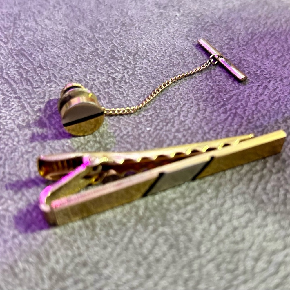Vintage tie clip set, gold/silver-tone tie bar & matching chain tie tack